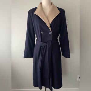 80s 90s Vintage Wool Wrap Coat Double Breasted Two Toned Blue Tan Belted